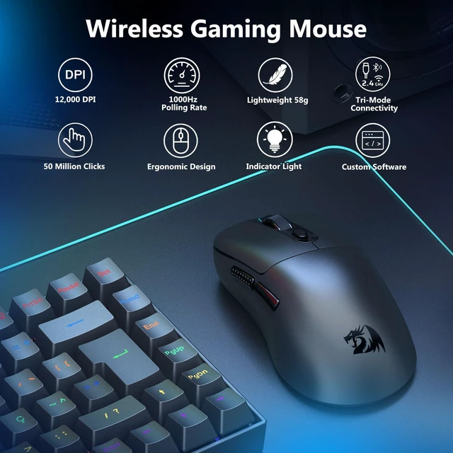 Alt view image 2 of 7 - Wireless Gaming Mouse, 58g Lightweight, Black | 12,000 DPI, Tri-Mode 2.4G/Bluetooth/USB-C, PAW3311 Sensor, 75Hr Battery Mice with 6 Programmable Buttons for PC/Mac
