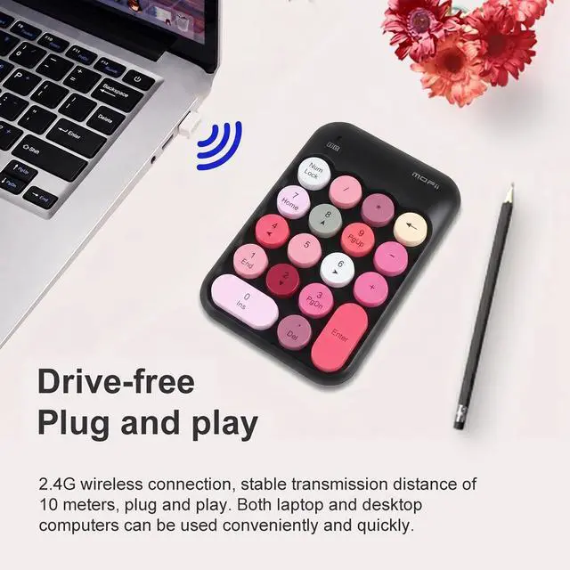 Alt view image 4 of 7 - Cute Wireless Number Keypad with 2.4G USB Receiver, 18 Colorful Round Keys Numpad, Portable Financial Accounting Numeric Keyboard, Suitable for PC, Laptop (Black)