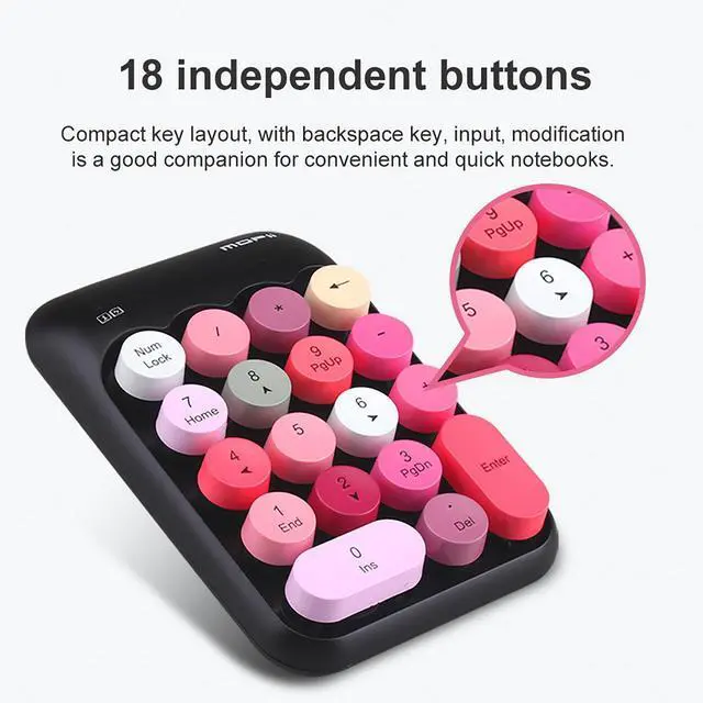 Alt view image 5 of 7 - Cute Wireless Number Keypad with 2.4G USB Receiver, 18 Colorful Round Keys Numpad, Portable Financial Accounting Numeric Keyboard, Suitable for PC, Laptop (Black)