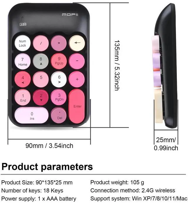 Alt view image 6 of 7 - Cute Wireless Number Keypad with 2.4G USB Receiver, 18 Colorful Round Keys Numpad, Portable Financial Accounting Numeric Keyboard, Suitable for PC, Laptop (Black)