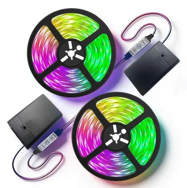 Main image of Two Sets 13.2ft Battery Powered LED Strip Lights, RGB Color Changing LED Lights with 3-Key Controller, AA Battery Operated Flexible Light Strip for Bedroom, TV Backlight, Closet, Camping(2)