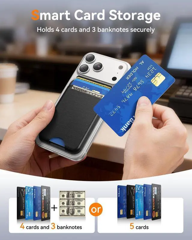 Alt view image 2 of 7 - for MagSafe Wallet, 5 Card Holder, Slim Leather Magnetic Wallet for iPhone 17/16/15/14/13/12 Pro Max Plus Air Series, 1 Card Slots & 1 Cash Slot,Black