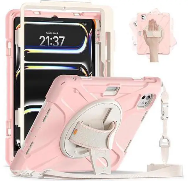 Main image of Case for iPad Pro 13-inch (2024) M4 Chip Model A2925 Heavy Duty Rugged Durability Silicone Tablet Cover with 360° Rotating Hand Strap Foldable Hidden Stand & Shoulder Strap, Pink