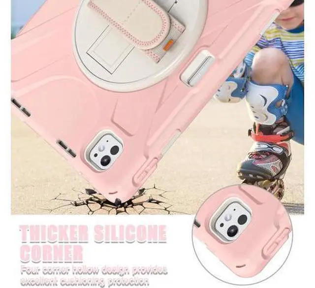 Alt view image 4 of 7 - Case for iPad Pro 13-inch (2024) M4 Chip Model A2925 Heavy Duty Rugged Durability Silicone Tablet Cover with 360° Rotating Hand Strap Foldable Hidden Stand & Shoulder Strap, Pink