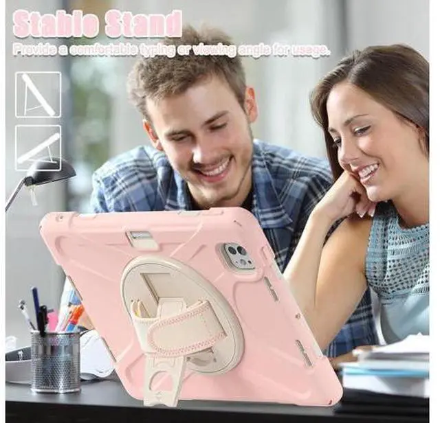 Alt view image 7 of 7 - Case for iPad Pro 13-inch (2024) M4 Chip Model A2925 Heavy Duty Rugged Durability Silicone Tablet Cover with 360° Rotating Hand Strap Foldable Hidden Stand & Shoulder Strap, Pink