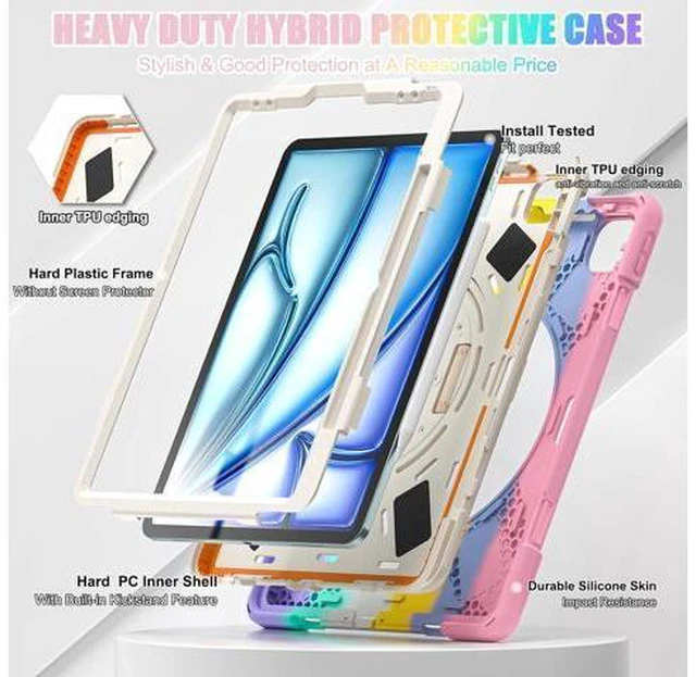 Alt view image 2 of 7 - Case for iPad Air 13-inch (2024) M2 Chip Model A2898 Heavy Duty Rugged Durability Silicone Tablet Cover with 360° Rotating Hand Strap Foldable Hidden Stand & Shoulder Strap, Colorful Pink