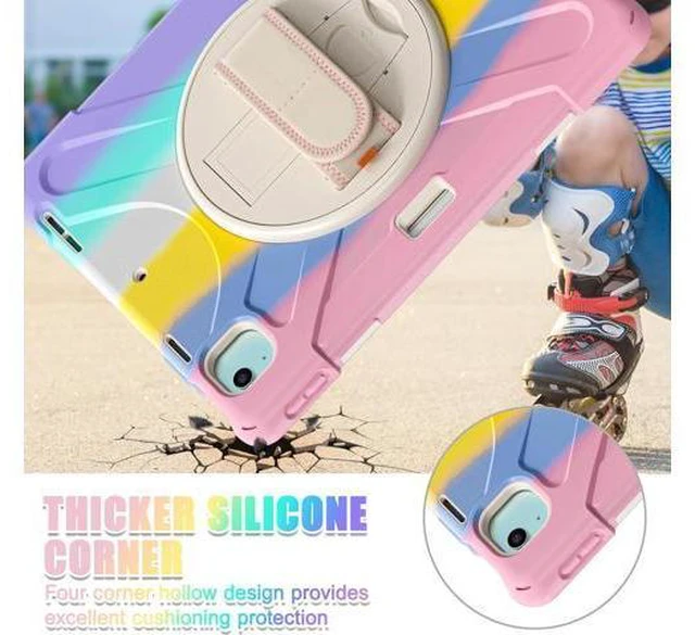Alt view image 4 of 7 - Case for iPad Air 13-inch (2024) M2 Chip Model A2898 Heavy Duty Rugged Durability Silicone Tablet Cover with 360° Rotating Hand Strap Foldable Hidden Stand & Shoulder Strap, Colorful Pink