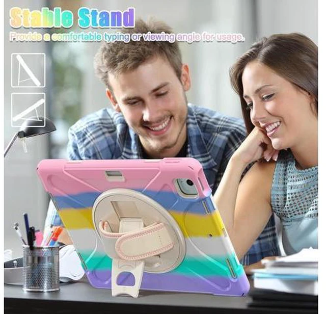 Alt view image 7 of 7 - Case for iPad Air 13-inch (2024) M2 Chip Model A2898 Heavy Duty Rugged Durability Silicone Tablet Cover with 360° Rotating Hand Strap Foldable Hidden Stand & Shoulder Strap, Colorful Pink