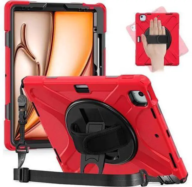 Main image of Case for iPad Air 11 inch (2024) M2 Chip Model A2902/A2903 Heavy Duty Rugged Durability Silicone Tablet Cover with 360° Rotating Hand Strap Foldable Hidden Stand & Shoulder Strap, Red