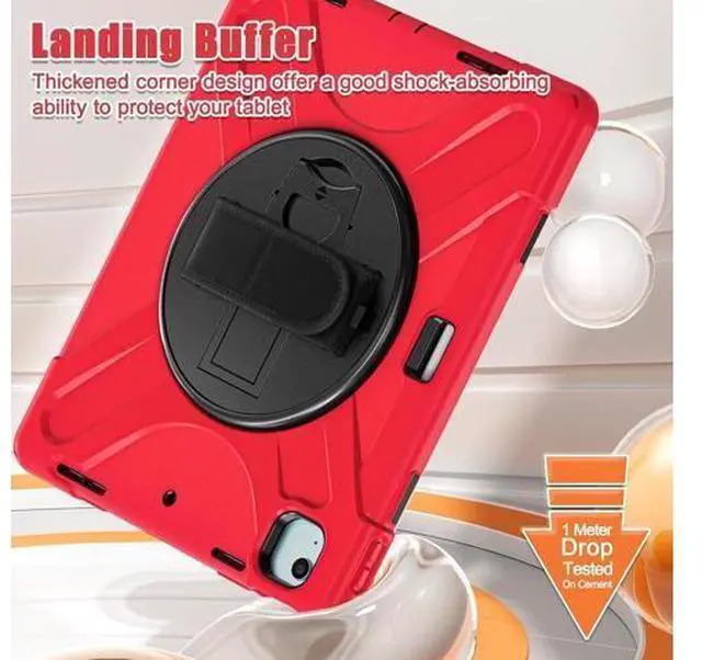 Alt view image 4 of 7 - Case for iPad Air 11 inch (2024) M2 Chip Model A2902/A2903 Heavy Duty Rugged Durability Silicone Tablet Cover with 360° Rotating Hand Strap Foldable Hidden Stand & Shoulder Strap, Red