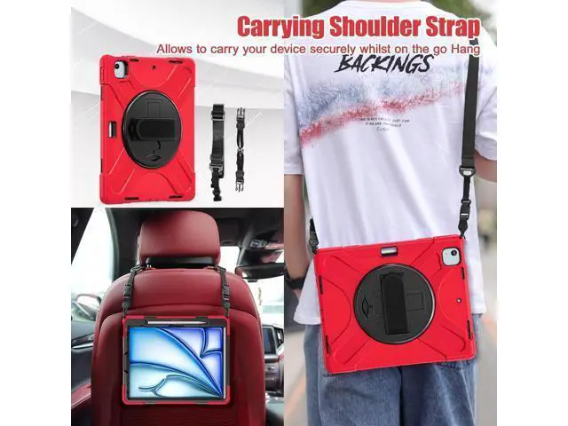 Alt view image 7 of 7 - Case for iPad Air 11 inch (2024) M2 Chip Model A2902/A2903 Heavy Duty Rugged Durability Silicone Tablet Cover with 360° Rotating Hand Strap Foldable Hidden Stand & Shoulder Strap, Red