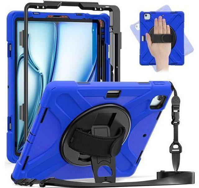 Main image of Case for iPad Air 13 inch (2024) M2 Chip Model A2898/A2899 Heavy Duty Rugged Durability Silicone Tablet Cover with 360° Rotating Hand Strap Foldable Hidden Stand & Shoulder Strap, Blue