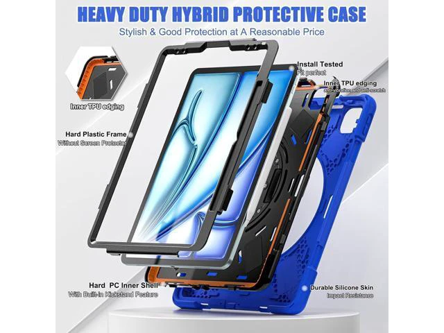 Alt view image 2 of 7 - Case for iPad Air 13 inch (2024) M2 Chip Model A2898/A2899 Heavy Duty Rugged Durability Silicone Tablet Cover with 360° Rotating Hand Strap Foldable Hidden Stand & Shoulder Strap, Blue