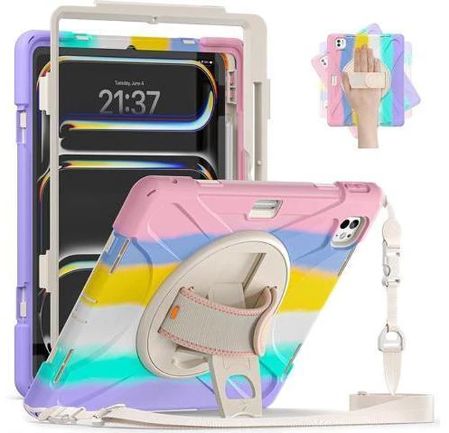 Main image of Case for iPad Pro 13-inch (2024) M4 Chip Model A2925 Heavy Duty Rugged Durability Silicone Tablet Cover with 360° Rotating Hand Strap Foldable Hidden Stand & Shoulder Strap, Colorful Pink