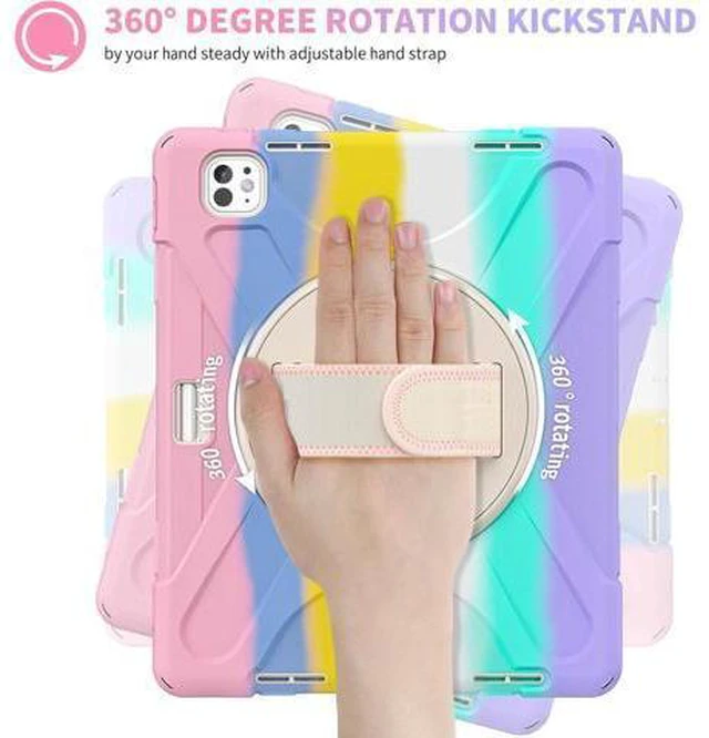 Alt view image 3 of 7 - Case for iPad Pro 13-inch (2024) M4 Chip Model A2925 Heavy Duty Rugged Durability Silicone Tablet Cover with 360° Rotating Hand Strap Foldable Hidden Stand & Shoulder Strap, Colorful Pink