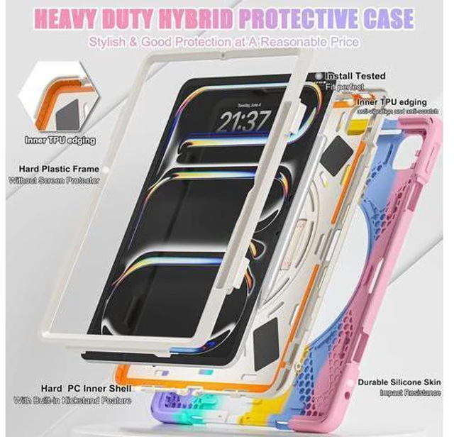 Alt view image 2 of 7 - Case for iPad Pro 13-inch (2024) M4 Chip Model A2925 Heavy Duty Rugged Durability Silicone Tablet Cover with 360° Rotating Hand Strap Foldable Hidden Stand & Shoulder Strap, Colorful Pink