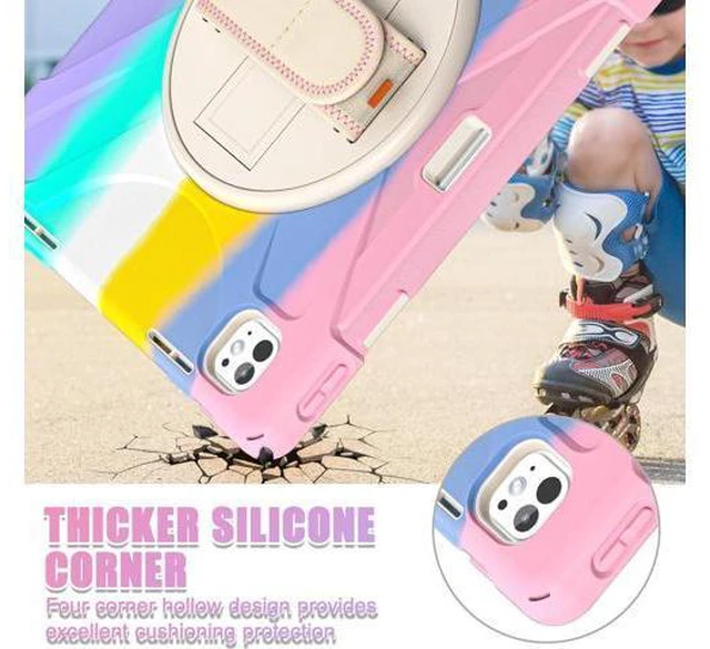 Alt view image 4 of 7 - Case for iPad Pro 13-inch (2024) M4 Chip Model A2925 Heavy Duty Rugged Durability Silicone Tablet Cover with 360° Rotating Hand Strap Foldable Hidden Stand & Shoulder Strap, Colorful Pink