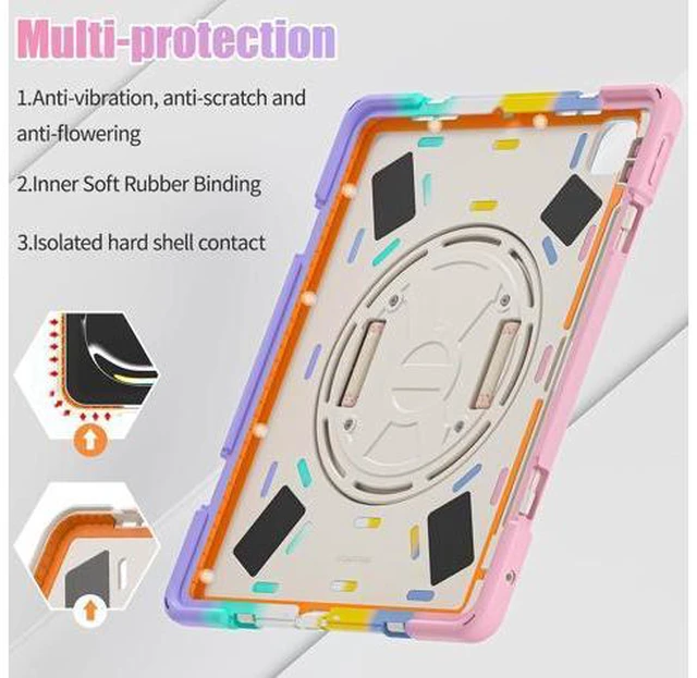 Alt view image 5 of 7 - Case for iPad Pro 13-inch (2024) M4 Chip Model A2925 Heavy Duty Rugged Durability Silicone Tablet Cover with 360° Rotating Hand Strap Foldable Hidden Stand & Shoulder Strap, Colorful Pink
