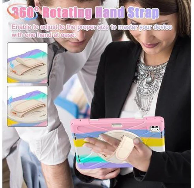 Alt view image 6 of 7 - Case for iPad Pro 13-inch (2024) M4 Chip Model A2925 Heavy Duty Rugged Durability Silicone Tablet Cover with 360° Rotating Hand Strap Foldable Hidden Stand & Shoulder Strap, Colorful Pink