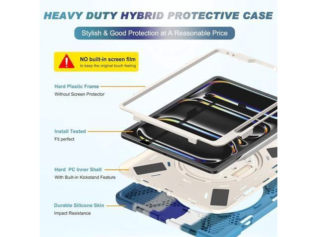 Alt view image 2 of 7 - Case for iPad Pro 13-inch (2024) M4 Chip Model A2925 Heavy Duty Rugged Durability Silicone Tablet Cover with 360° Rotating Hand Strap Foldable Hidden Stand & Shoulder Strap, Colorful Blue