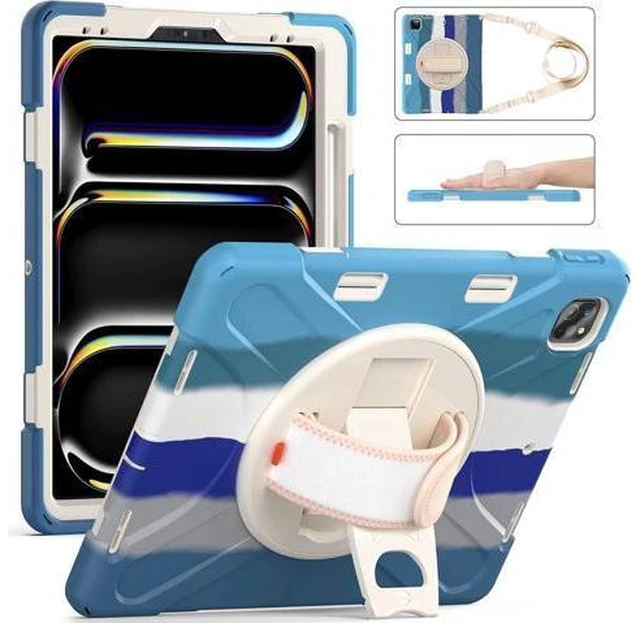 Main image of Case for iPad Pro 13-inch (2024) M4 Chip Model A2925 Heavy Duty Rugged Durability Silicone Tablet Cover with 360° Rotating Hand Strap Foldable Hidden Stand & Shoulder Strap, Colorful Blue