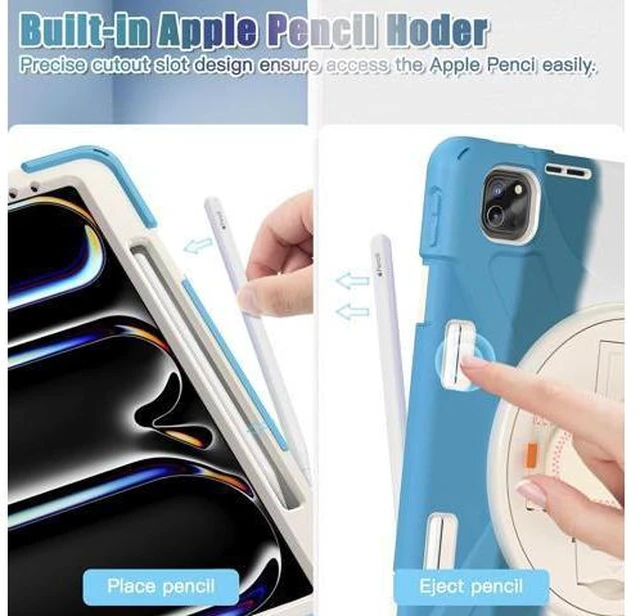 Alt view image 5 of 7 - Case for iPad Pro 13-inch (2024) M4 Chip Model A2925 Heavy Duty Rugged Durability Silicone Tablet Cover with 360° Rotating Hand Strap Foldable Hidden Stand & Shoulder Strap, Colorful Blue