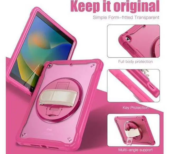 Alt view image 3 of 7 - Case for iPad 10.2 inch 9th / 8th / 7th Generation (2021/2020 / 2019) Heavy Duty Rugged Shockproof Tablet Cover with 360° Rotating Hand Strap Foldable Hidden Stand & Shoulder Strap, Pink