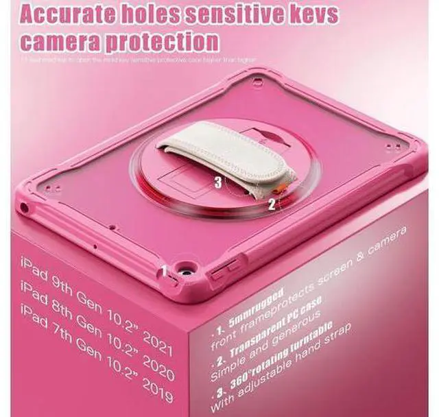 Alt view image 2 of 7 - Case for iPad 10.2 inch 9th / 8th / 7th Generation (2021/2020 / 2019) Heavy Duty Rugged Shockproof Tablet Cover with 360° Rotating Hand Strap Foldable Hidden Stand & Shoulder Strap, Pink