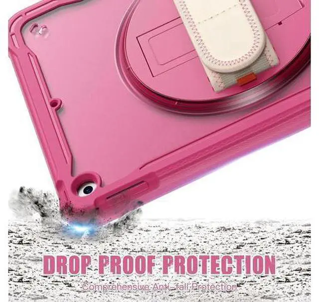 Alt view image 4 of 7 - Case for iPad 10.2 inch 9th / 8th / 7th Generation (2021/2020 / 2019) Heavy Duty Rugged Shockproof Tablet Cover with 360° Rotating Hand Strap Foldable Hidden Stand & Shoulder Strap, Pink