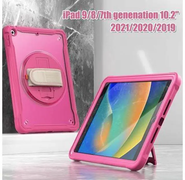 Alt view image 6 of 7 - Case for iPad 10.2 inch 9th / 8th / 7th Generation (2021/2020 / 2019) Heavy Duty Rugged Shockproof Tablet Cover with 360° Rotating Hand Strap Foldable Hidden Stand & Shoulder Strap, Pink