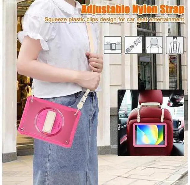 Alt view image 7 of 7 - Case for iPad 10.2 inch 9th / 8th / 7th Generation (2021/2020 / 2019) Heavy Duty Rugged Shockproof Tablet Cover with 360° Rotating Hand Strap Foldable Hidden Stand & Shoulder Strap, Pink