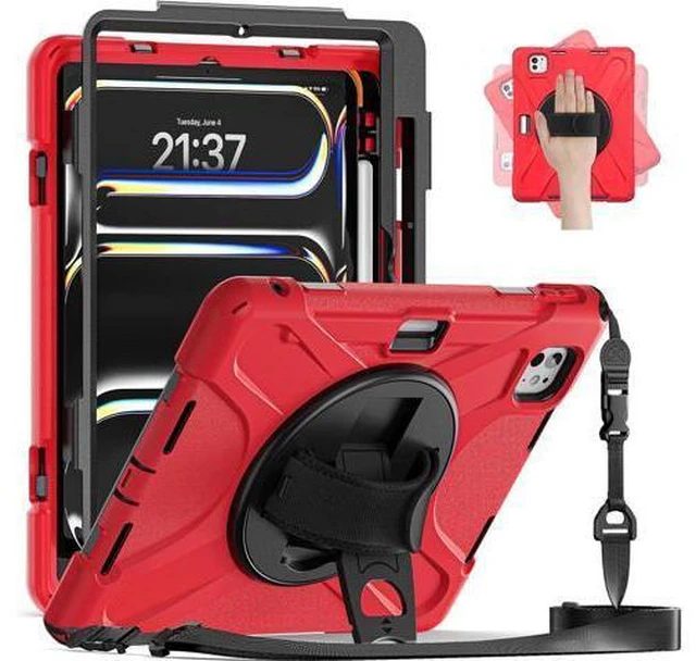 Main image of Case for iPad Pro 13-inch (2024) M4 Chip Model A2925/A2926 Heavy Duty Rugged Durability Silicone Tablet Cover with 360° Rotating Hand Strap Foldable Hidden Stand & Shoulder Strap, Red