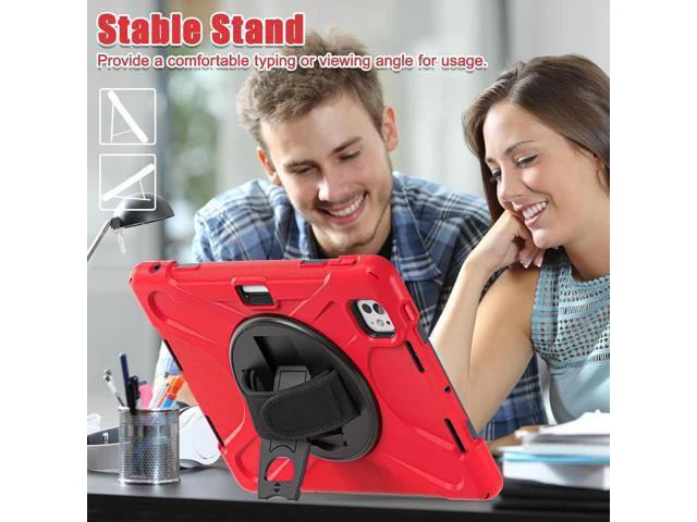Alt view image 7 of 7 - Case for iPad Pro 13-inch (2024) M4 Chip Model A2925/A2926 Heavy Duty Rugged Durability Silicone Tablet Cover with 360° Rotating Hand Strap Foldable Hidden Stand & Shoulder Strap, Red