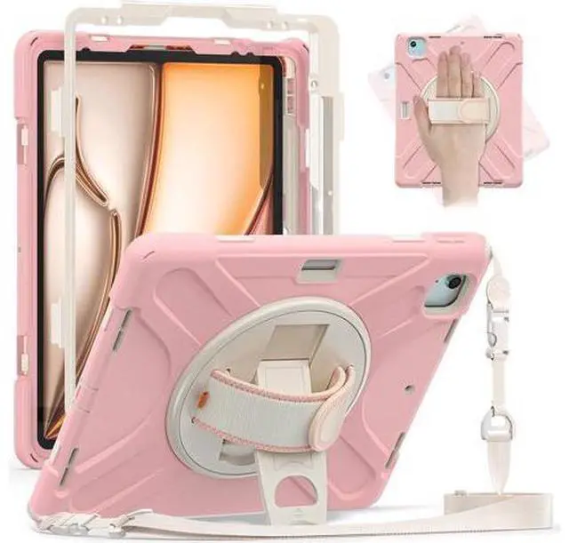 Main image of Case for iPad Air 13-inch (2024) M2 Chip Model A2898 Heavy Duty Rugged Durability Silicone Tablet Cover with 360° Rotating Hand Strap Foldable Hidden Stand & Shoulder Strap, Pink