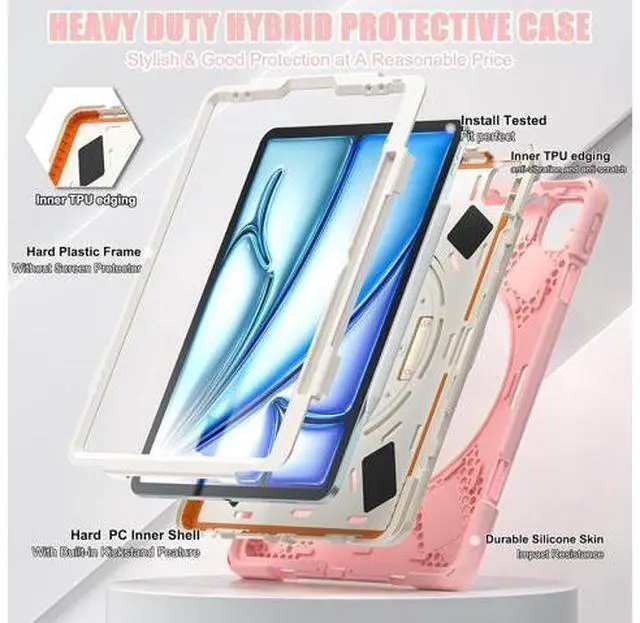 Alt view image 2 of 7 - Case for iPad Air 13-inch (2024) M2 Chip Model A2898 Heavy Duty Rugged Durability Silicone Tablet Cover with 360° Rotating Hand Strap Foldable Hidden Stand & Shoulder Strap, Pink
