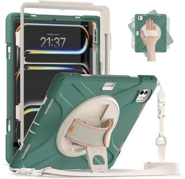 Main image of Case for iPad Pro 13-inch (2024) M4 Chip Model A2925 Heavy Duty Rugged Durability Silicone Tablet Cover with 360° Rotating Hand Strap Foldable Hidden Stand & Shoulder Strap, Sea Green
