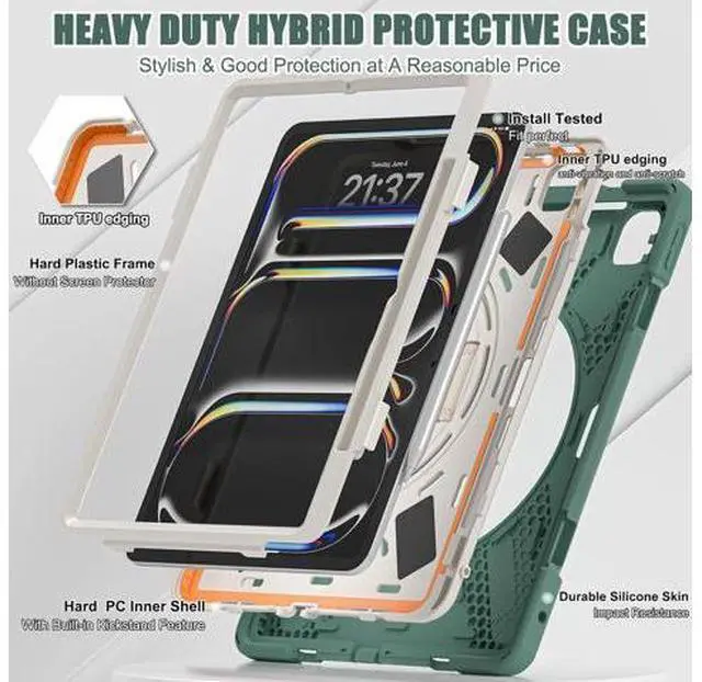 Alt view image 2 of 7 - Case for iPad Pro 13-inch (2024) M4 Chip Model A2925 Heavy Duty Rugged Durability Silicone Tablet Cover with 360° Rotating Hand Strap Foldable Hidden Stand & Shoulder Strap, Sea Green
