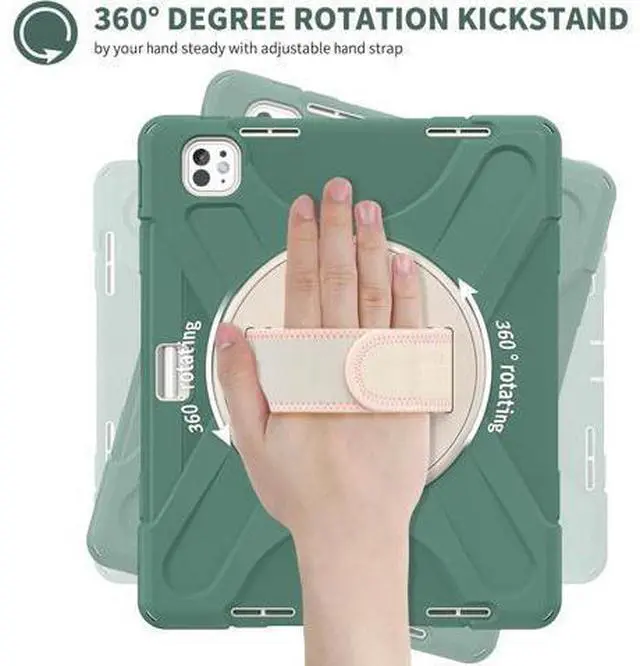 Alt view image 3 of 7 - Case for iPad Pro 13-inch (2024) M4 Chip Model A2925 Heavy Duty Rugged Durability Silicone Tablet Cover with 360° Rotating Hand Strap Foldable Hidden Stand & Shoulder Strap, Sea Green