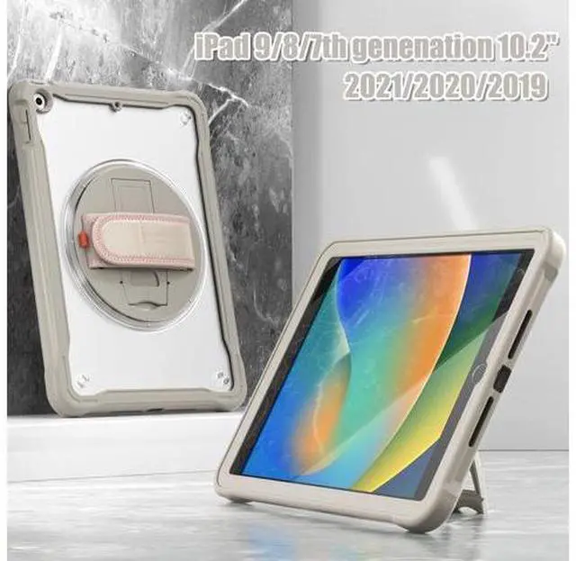 Alt view image 6 of 7 - Case for iPad 10.2 inch 9th / 8th / 7th Generation (2021/2020 / 2019) Heavy Duty Rugged Shockproof Tablet Cover with 360° Rotating Hand Strap Foldable Hidden Stand & Shoulder Strap, Khaki