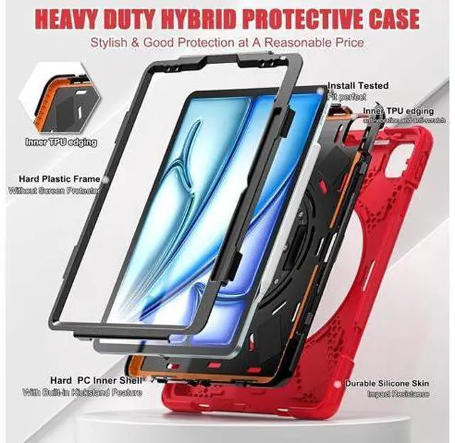 Alt view image 2 of 7 - Case for iPad Air 11 inch (2024) M2 Chip Model A2902/A2903 Heavy Duty Rugged Durability Silicone Tablet Cover with 360° Rotating Hand Strap Foldable Hidden Stand & Shoulder Strap, Red