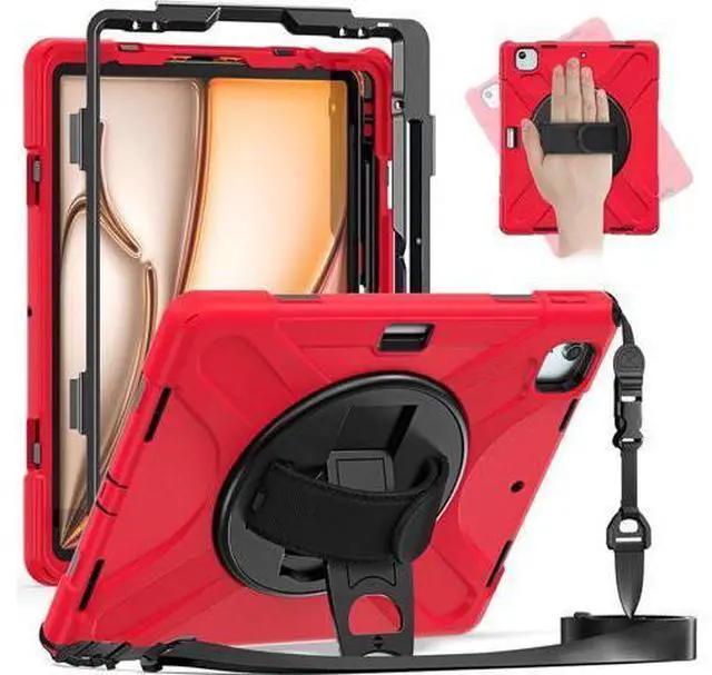 Main image of Case for iPad Air 13 inch (2024) M2 Chip Model A2898/A2899 Heavy Duty Rugged Durability Silicone Tablet Cover with 360° Rotating Hand Strap Foldable Hidden Stand & Shoulder Strap, Red