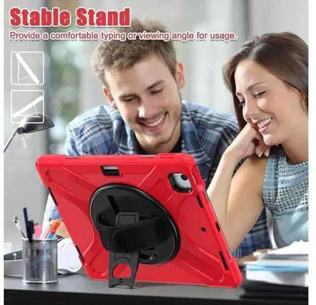 Alt view image 7 of 7 - Case for iPad Air 13 inch (2024) M2 Chip Model A2898/A2899 Heavy Duty Rugged Durability Silicone Tablet Cover with 360° Rotating Hand Strap Foldable Hidden Stand & Shoulder Strap, Red