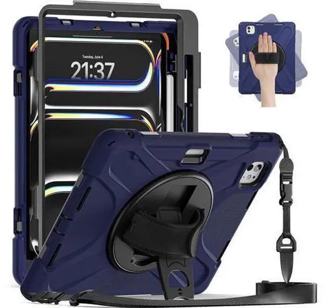 Main image of Case for iPad Pro 13-inch (2024) M4 Chip Model A2925/A2926 Heavy Duty Rugged Durability Silicone Tablet Cover with 360° Rotating Hand Strap Foldable Hidden Stand & Shoulder Strap, Navy Blue