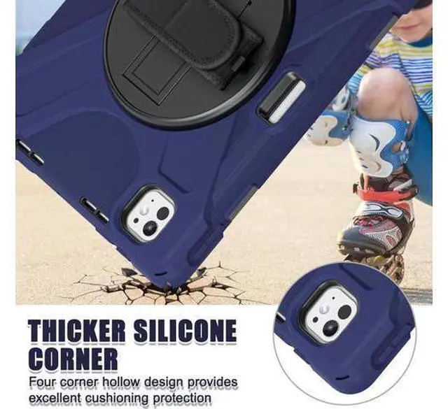 Alt view image 4 of 7 - Case for iPad Pro 13-inch (2024) M4 Chip Model A2925/A2926 Heavy Duty Rugged Durability Silicone Tablet Cover with 360° Rotating Hand Strap Foldable Hidden Stand & Shoulder Strap, Navy Blue