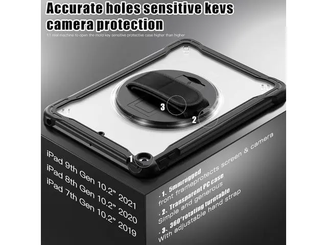 Alt view image 2 of 7 - Case for iPad 10.2 inch 9th / 8th / 7th Generation (2021/2020 / 2019) Heavy Duty Rugged Shockproof Tablet Cover with 360° Rotating Hand Strap Foldable Hidden Stand & Shoulder Strap, Black