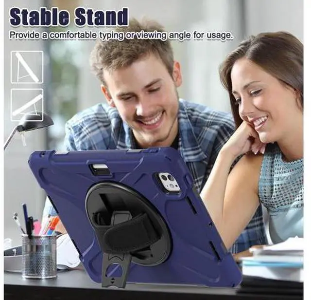 Alt view image 7 of 7 - Case for iPad Pro 13-inch (2024) M4 Chip Model A2925/A2926 Heavy Duty Rugged Durability Silicone Tablet Cover with 360° Rotating Hand Strap Foldable Hidden Stand & Shoulder Strap, Navy Blue