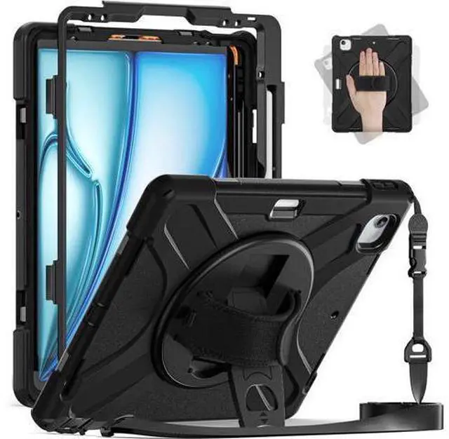 Main image of Case for iPad Air 13-inch (2024) M2 Chip Model A2898 Heavy Duty Rugged Durability Silicone Tablet Cover with 360° Rotating Hand Strap Foldable Hidden Stand & Shoulder Strap, Black