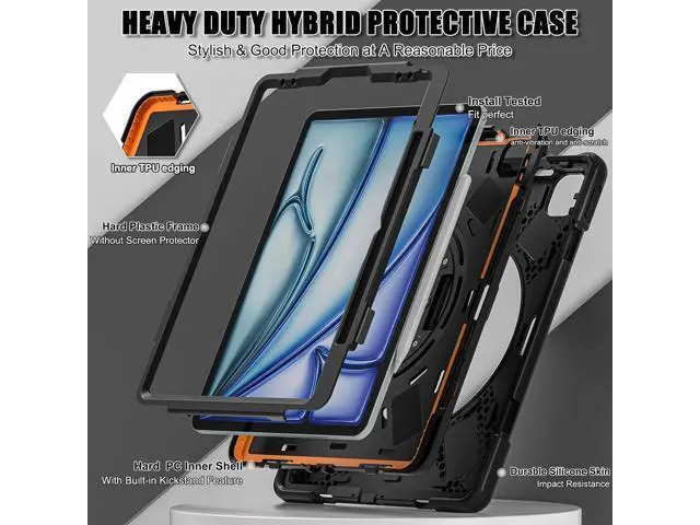 Alt view image 2 of 7 - Case for iPad Air 13-inch (2024) M2 Chip Model A2898 Heavy Duty Rugged Durability Silicone Tablet Cover with 360° Rotating Hand Strap Foldable Hidden Stand & Shoulder Strap, Black