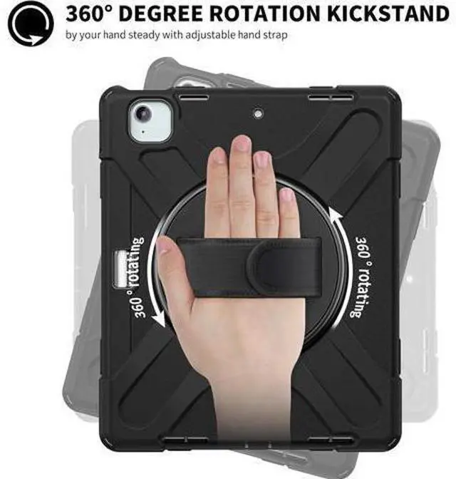 Alt view image 3 of 7 - Case for iPad Air 13-inch (2024) M2 Chip Model A2898 Heavy Duty Rugged Durability Silicone Tablet Cover with 360° Rotating Hand Strap Foldable Hidden Stand & Shoulder Strap, Black