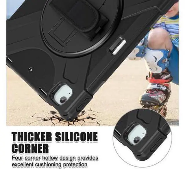 Alt view image 4 of 7 - Case for iPad Air 13-inch (2024) M2 Chip Model A2898 Heavy Duty Rugged Durability Silicone Tablet Cover with 360° Rotating Hand Strap Foldable Hidden Stand & Shoulder Strap, Black